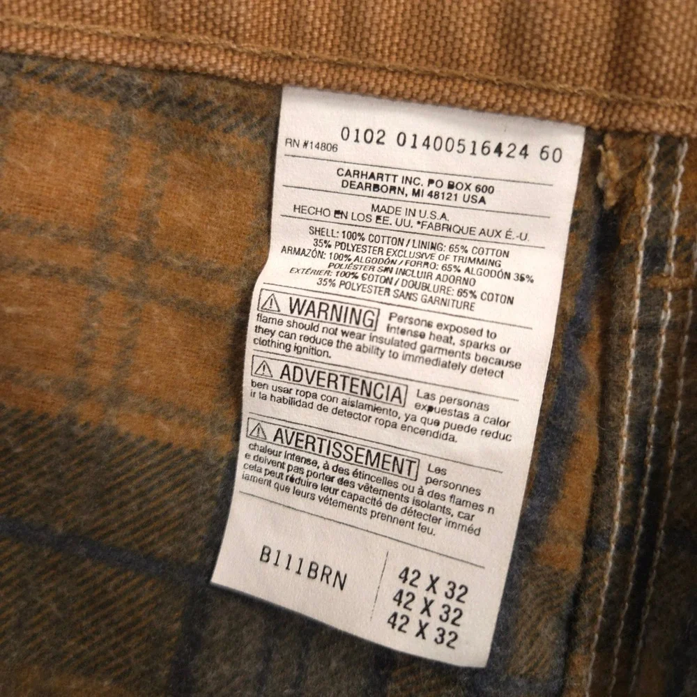 Carhartt Washed Duck Flannel Lined Work Pants Mens 42X32 Brown Made In‎ USA NEW